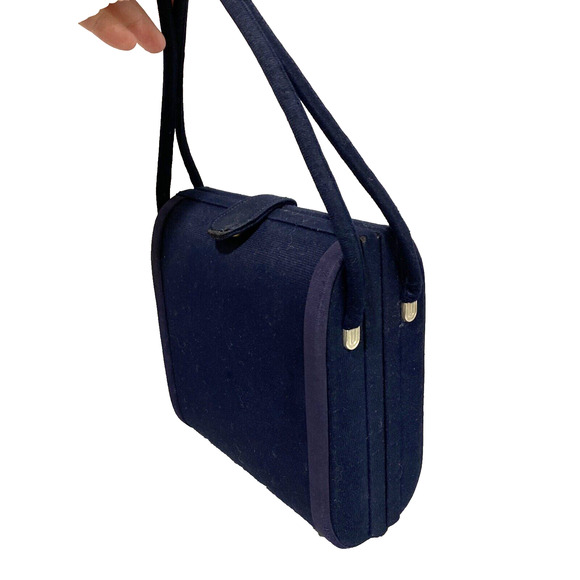 Vintage Mid Century Box Style Hand Bag Top Handle Purse Navy Blue Wool Classic - Picture 3 of 8